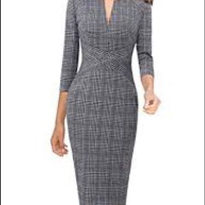 Career Gray Plaid Front&Zipper Criss Cross Dress!